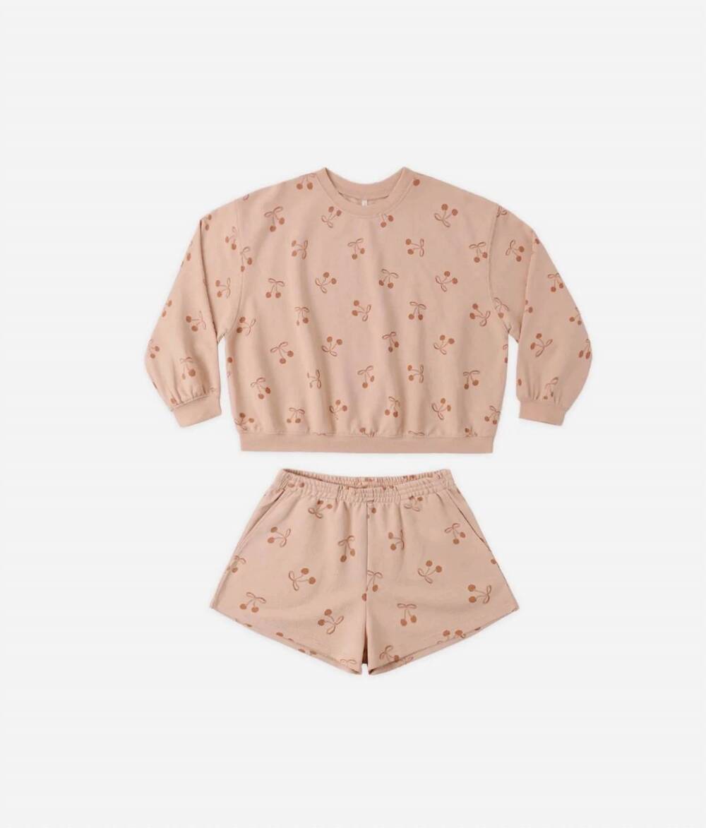 NEW RYLEE + CRU girls summer terry set in cherry bows